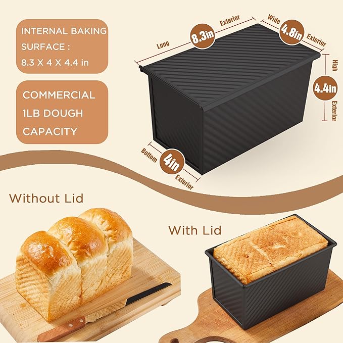 KITESSENSU Carbon Steel Pullman Loaf Pan with Lid, 1 lb Dough Capacity, Black, Non-Stick, Bread and Toast