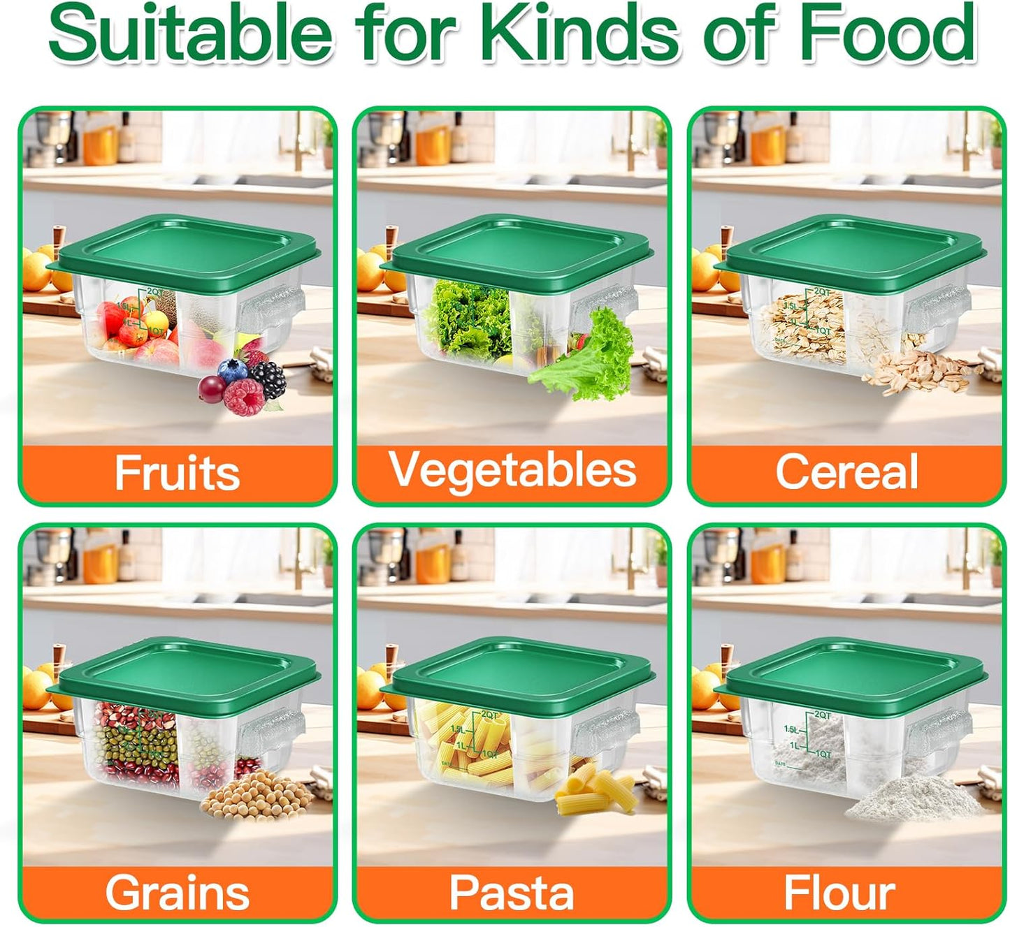 4 pcs 2qt Food Storage Containers with Lid, Square Clear Commercial Food Storage Containers with Handle and Scale for Food Storage in Home Kitchen & Dining (Rreen)