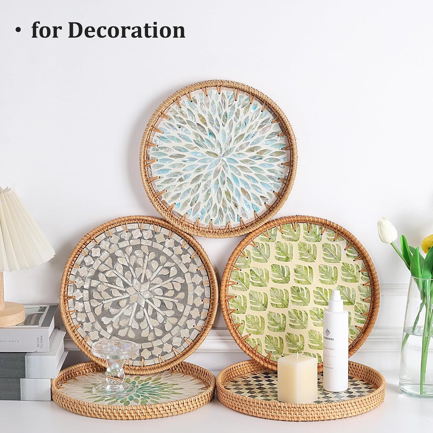 Round Rattan Tray with Mother of Pearl Inlay, Rattan Serving Tray for Coffee, Bread, Fruits, Decorative Wicker Tray for Table Decor, Home Decor, Kitchen Island Decor (Ambilight, 11.8")