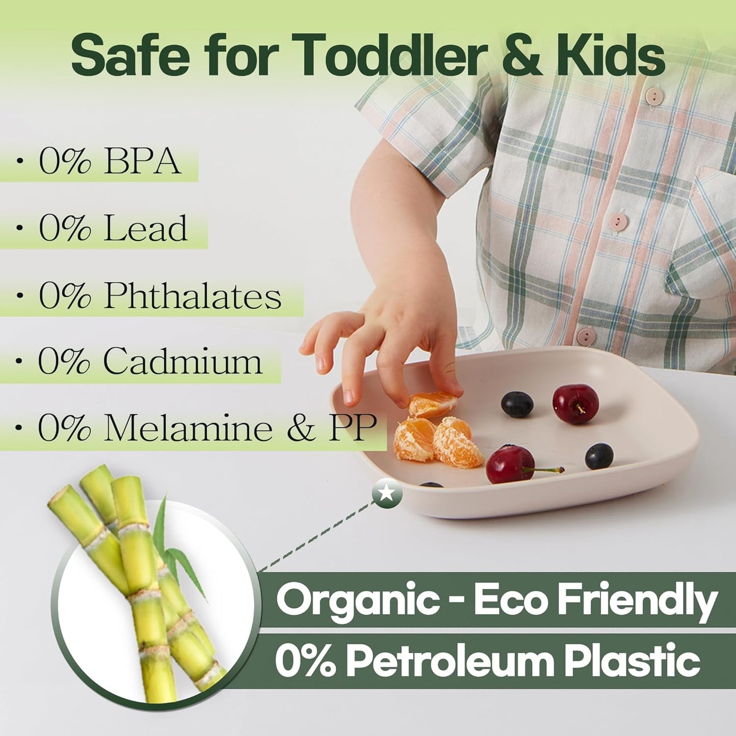 SUGARCANE Kids Plates 5Pack (7.9”) + Coconut Pad 2Pc- Organic Dishes for Toddler to Big Kids - USDA Certified – Microwaves & Dishwasher Safe – BPA Free, Unbreakable, Reusable - Gray Blue