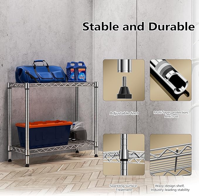 MZG 220 lbs 2 Tier Storage Rack Metal Wire Shelving Unit, Storage Standing Household Shelf Organizer for Laundry Bathroom Kitchen Pantry Closet Garage Utility Room, Chrome 11.8" D x 27.6" W x 23.4" H