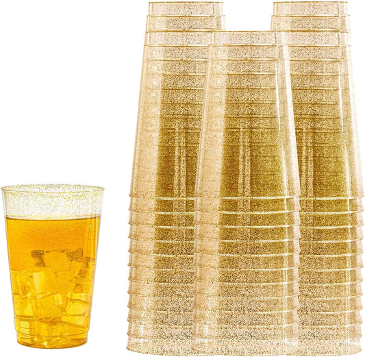 I00000 50 Pack 18 oz Gold Plastic Cups, Gold Glitter Cups Disposable Plastic Wine Glasses Cocktail Glasses Premium Cup, 18 Ounce Glitter Disposable Tumblers for Party & Wedding
