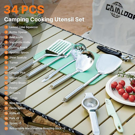 Camping Cooking Utensils Set Grilling Cookware Camp Kitchen Rotating Marshmallow Roasting Sticks BBQ Forks, Portable RV Camping Essentials Camper Must Haves for Cookouts Open Fire Pit