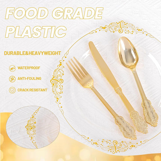 125PCS Clear Gold Plastic Plates - Fancy Clear Disposable Plates - Thanksgiving Plate with Gold Plastic Silverware Set for 25 Guests for Party & Wedding & Holiday