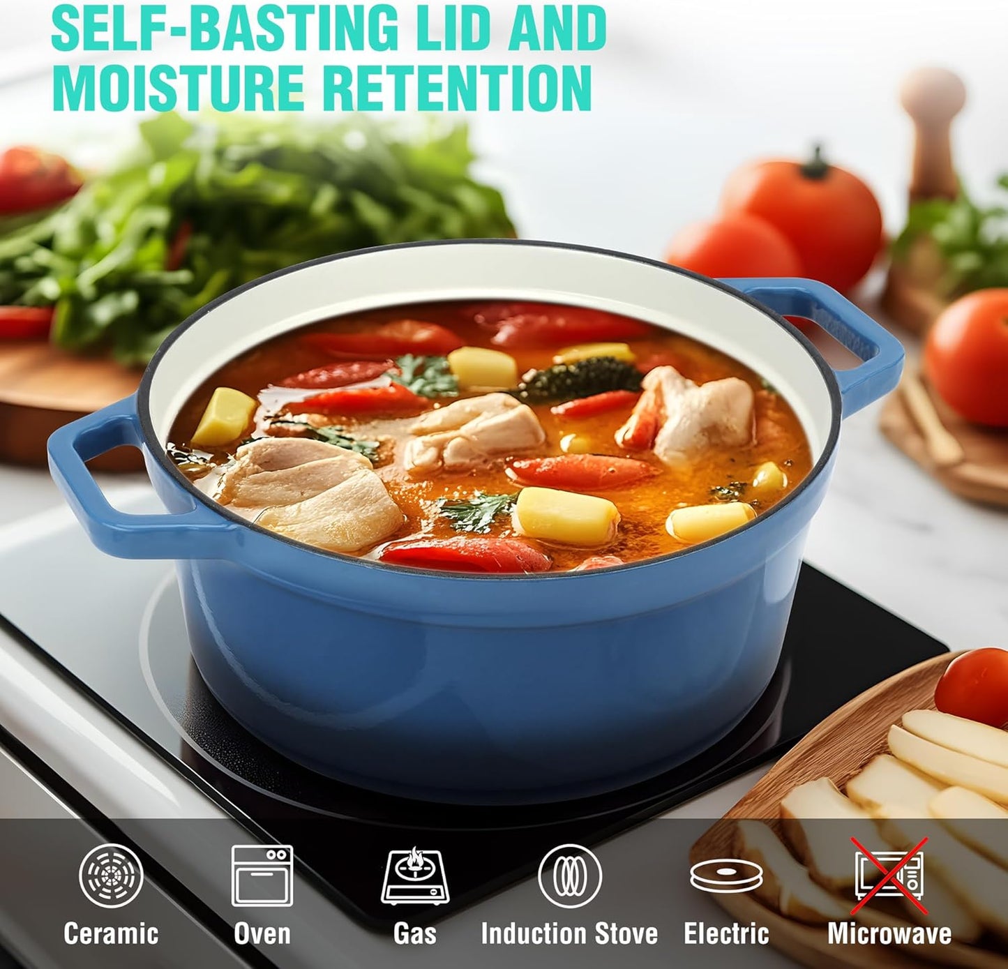 HAUSHOF 5.3QT Enameled Cast Iron Dutch Oven with Lid, Non-Stick Pot for Sourdough Bread Baking, Stewing, Rosting, Blue