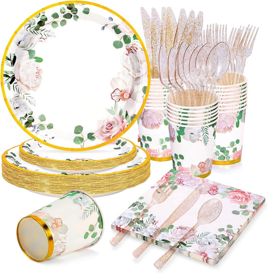 168 PCS Floral Plates and Napkins Party Supplies Serve 24 Flower Disposable Paper Dinnerware Sets for Adults Bridal Shower Decorations Baby Shower Birthday Wedding Engagement Tea