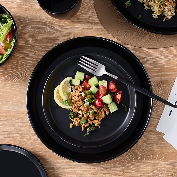 Stone Lain Jules Modern Stoneware 16-piece Round Black Dinnerware Set, Plates and Bowls Sets, Dish Set for 4, Black