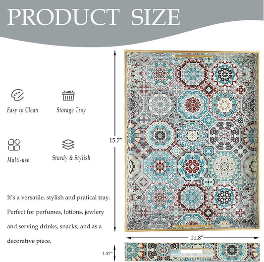 Spsyrine Decorative Serving Tray with Handles, Lacquered Coffee Table Tray for Ottoman, Rectangular Waterproof Platters for Centerpieces, Parties, Living Room, Kitchen Counter Organization SP3040RE2