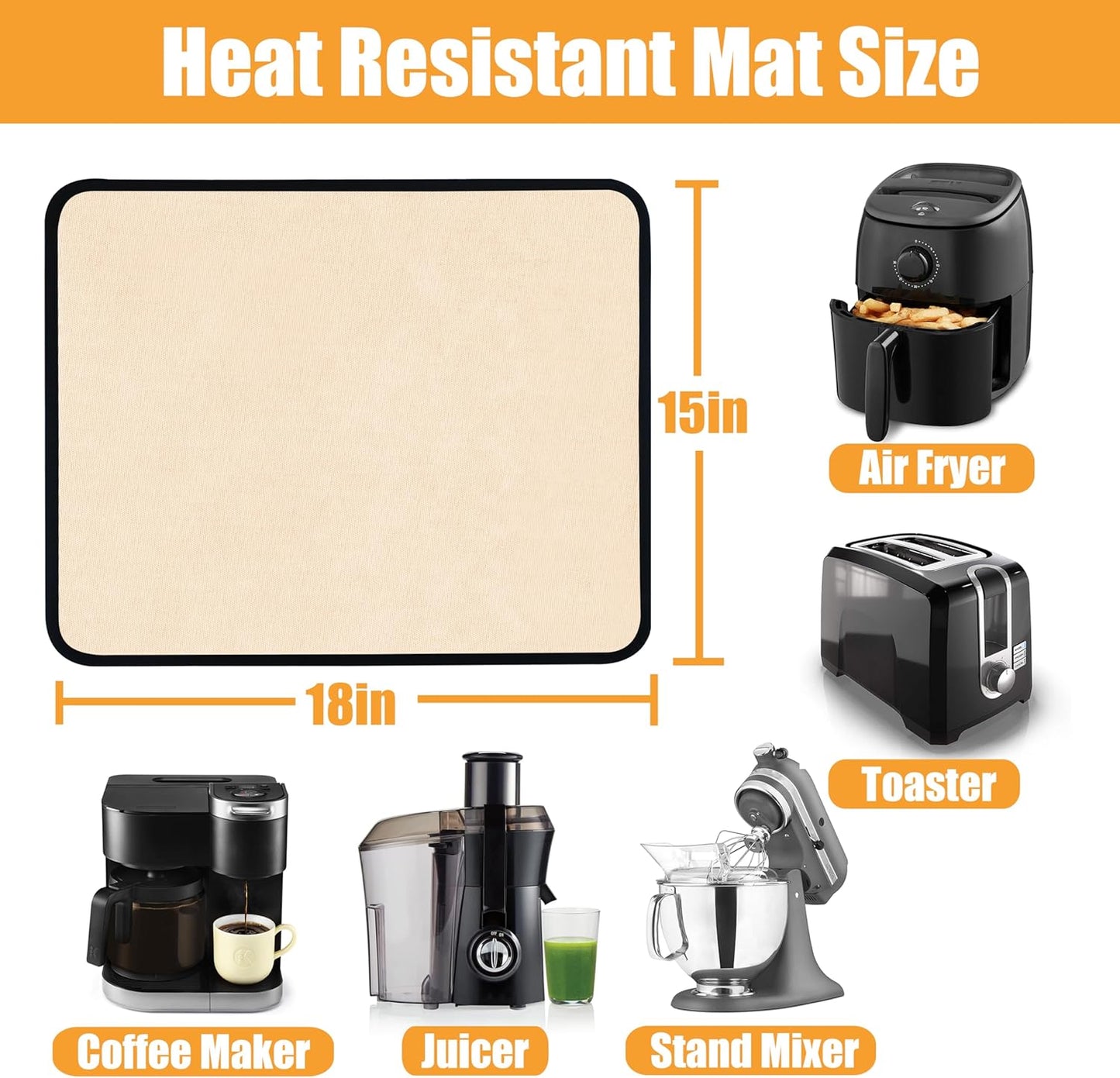 Heat Resistant Mat for Air Fryer, 15 x 18in Countertop Protector, Fireproof Silicone Appliance Slider for Coffee Maker, Toaster, Oven - Khaki