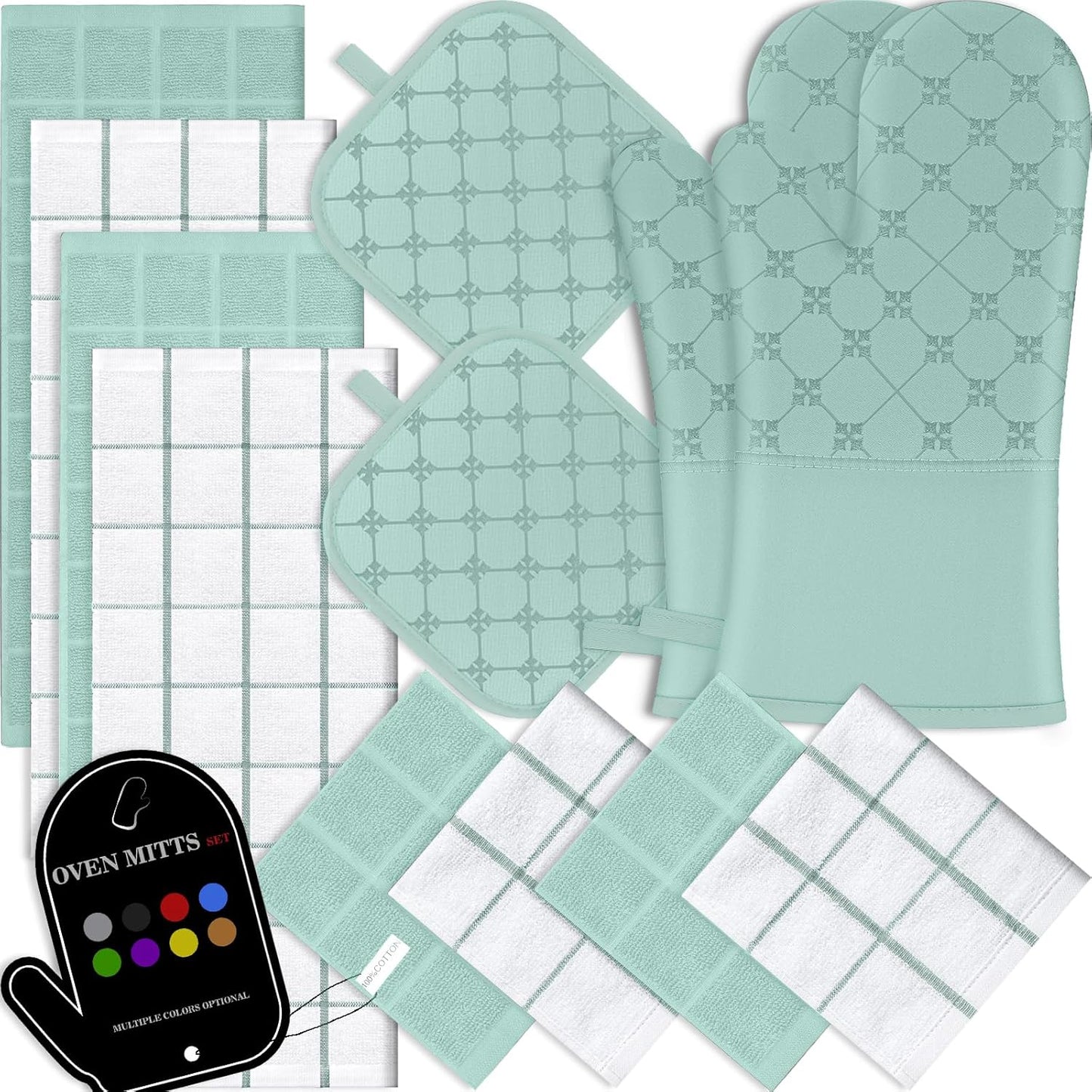 Oven Mitts Kitchen Towels Dishcloths with Pot Holders Sets 12PCS,Dish Towels Sets,Oven Gloves Pot Pads Heat Resistant 500 Degrees with Non-Slip Silicone Surface for Cooking Baking Grilling-Mint Green