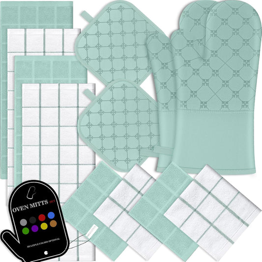 Oven Mitts Kitchen Towels Dishcloths with Pot Holders Sets 12PCS,Dish Towels Sets,Oven Gloves Pot Pads Heat Resistant 500 Degrees with Non-Slip Silicone Surface for Cooking Baking Grilling-Mint Green