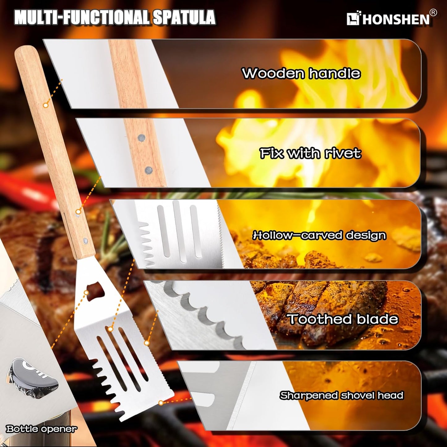 3 Piece Barbecue Tool Sets,Heavy Duty Stainless Steel and Wooden Handles BBQ Tool Sets,Grill Accessories,Grilling Spatula,Fork,Tongs for Outdoor Grill Cooking (Large BBQ Tools Set-3P)