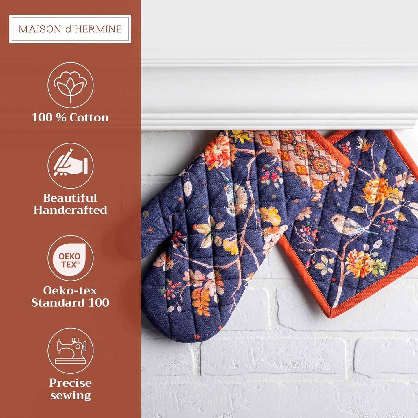 Maison d' Hermine 100% Cotton Oven Mitt & Pot Holder Set (7.5"x13" & 8"x8") Heat Resistant BBQ Cooking Gloves with Loop for Thanksgiving Christmas Decorations Handling Hot Pans (Kelim - Infinity)