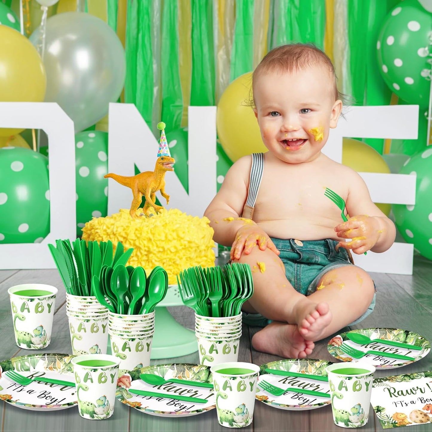Dandat 350 Pcs Baby Shower Plates Set Baby Shower Party Supplies Serves 50 Tableware Sets Include Plates Napkin Cup Forks Knives Spoons Disposable Dinnerware(Dinosaur,Green)