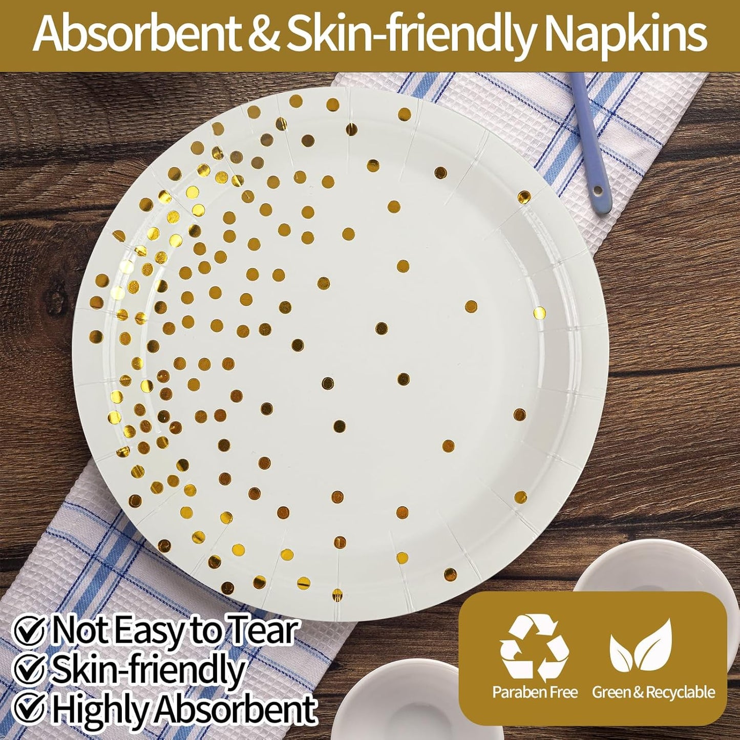 90PCS White and Gold Paper Plates and Napkins Set, Disposable Gold Dot Party Plates with Napkins Forks Dessert Dinnerware Party Supplies for Wedding, Graduation, Festivals