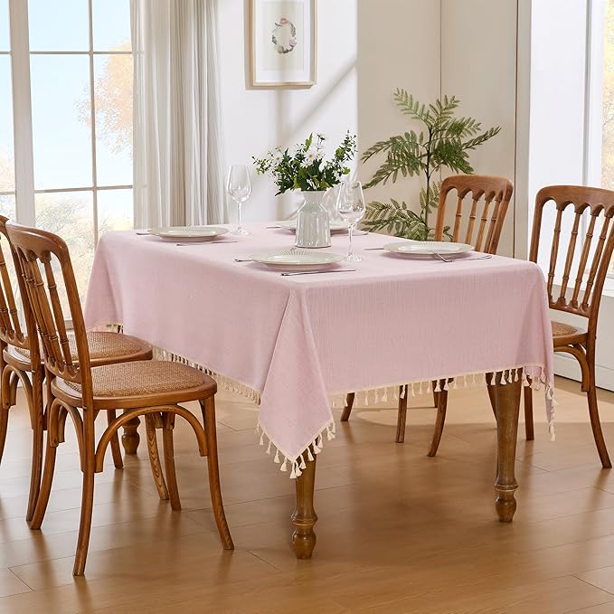 JIALE Textured Tablecloth, Heavy Duty Linen Style Farmhouse Table Cloth Rectangle Tables, Wrinkle-Free Washable Waterproof Table Cover for Kitchen, Dining, Parties, 55"x55", Pink