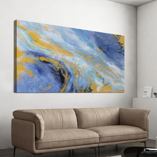 Canvas Wall Art Decor Blue Gold Wall Art Prints Large Abstract Wall Art for Living Room Art Work for Wall Decor Minimalist Azure - Gold Fluid Symphony Artwork for Walls Home Office Decor 20"X40"