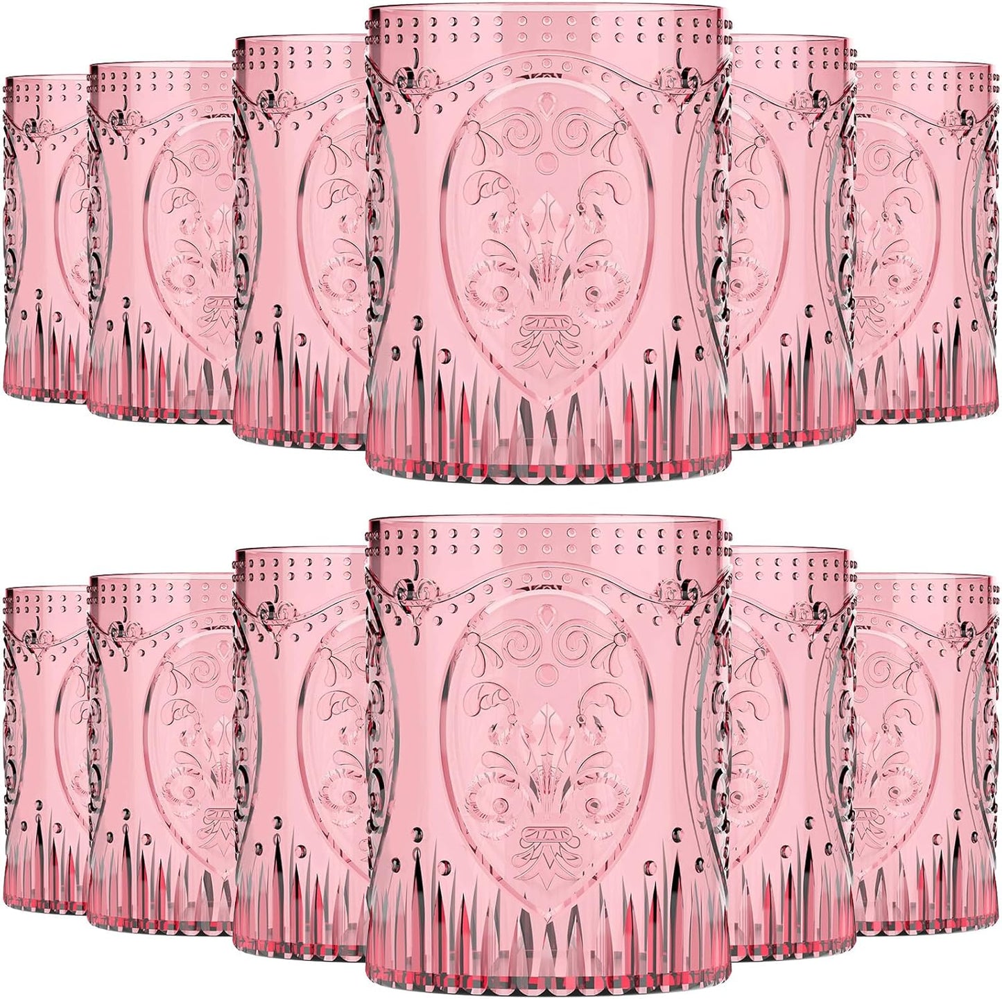 12 Plastic Vintage Drinking Glasses 8.5oz Stemless Retro Embossed Wine Glasses Shatterproof Reusable Cups for Baby Shower Wedding Reception Grand Event Party (Pink)