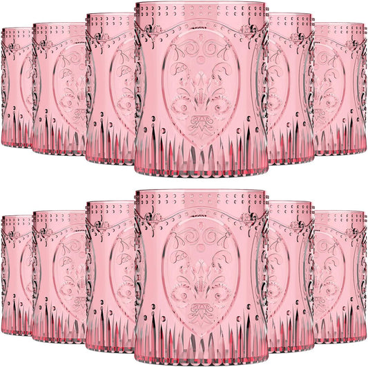 12 Plastic Vintage Drinking Glasses 8.5oz Stemless Retro Embossed Wine Glasses Shatterproof Reusable Cups for Baby Shower Wedding Reception Grand Event Party (Pink)