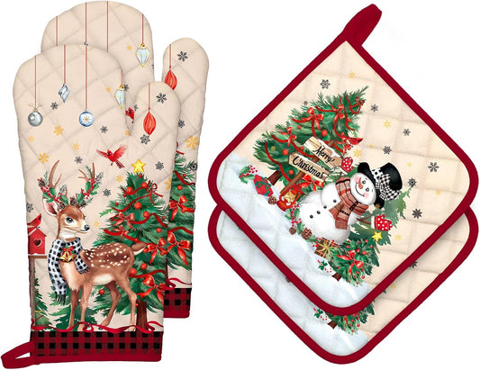 Christmas Deer Snowman Oven Mitts and Pot Holders Sets 4Pcs, 100% Cotton Heat Resistant, Extra Long Oven Gloves Potholder for Kitchen Cooking Baking Decoration