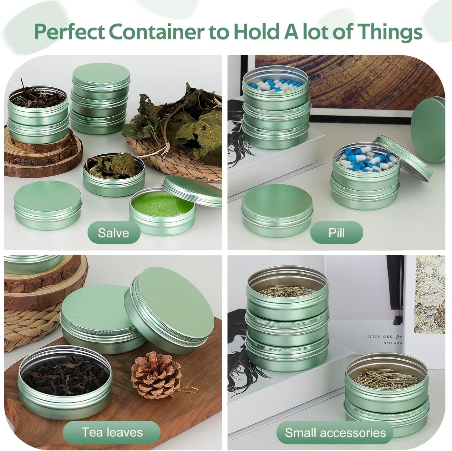 YQ 24 Pack 4 oz Tins for Salves, Salve Tins with Lids and Labels, Round Aluminum Metal Tin with Lids, Empty 4oz Tin Containers Food Storage Containers for Cosmetic, Balm, Candle, Candy(Light Green)