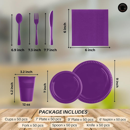 Grandipity 350 Piece Purple Disposable Dinnerware Set, Includes 50 of Each: 9" Dinner Plates, 7" Dessert Plates, 12oz Cups, Paper Napkins, Forks, Knives & Spoons