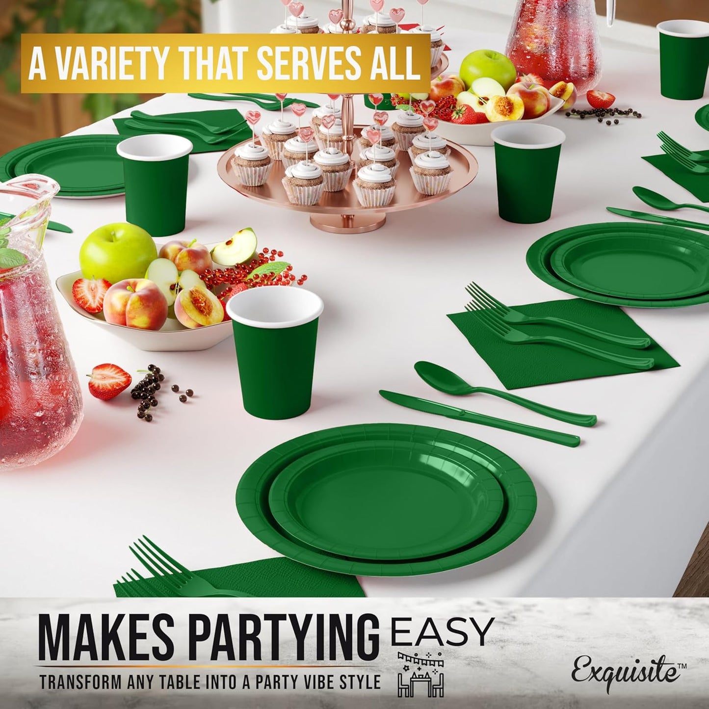Exquisite 350 Pcs Emerald Paper Plates For Party, Emerald Disposable Plates Set, 50 Of Each 9" Dinner Plate Set, 7" Dessert Plate, Cups, Napkins & Cutlery Paper Dinnerware