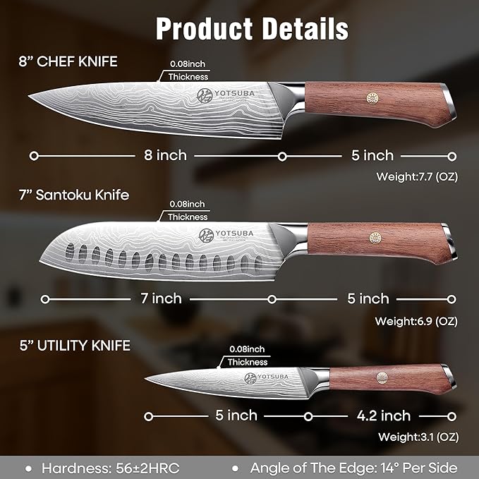 YOTSUBA Kitchen Knives Set 3 PCS, Ultra Sharp Chef Knife Set High Carbon Stainless Steel Blade, for Home & Restaurant Use, With Smooth Ergonomic Handle and Stylish Premium Gift Box