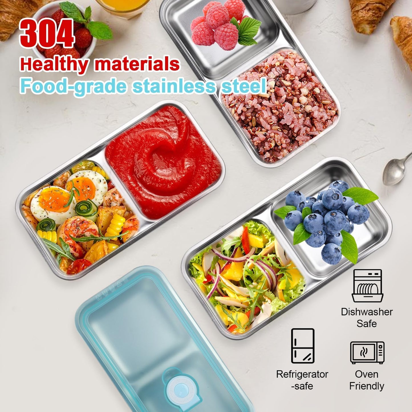 1PCS Stainless Steel Double-Layer Snack Container with Lid Leak-proof design, dishwasher safe Ideal for snacks, dips, takeout, travel, and outdoor camping (2 Compartment)