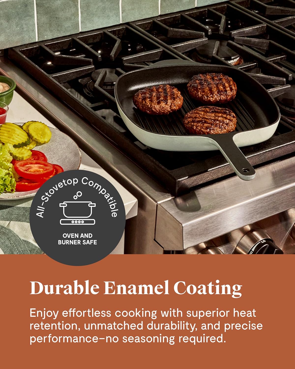 Caraway Enameled Cast Iron Grill Pan - 10.5” Grill Pan for Stovetop Cooking - 3 Layer Enamel Coating - No Seasoning Required - Compatible With All Stovetops - Free From Forever Chemicals - Gray