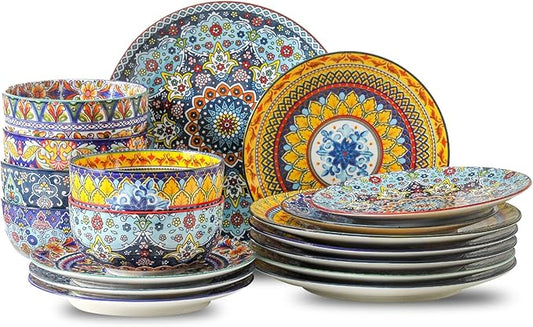 glowworm Dinnerware Sets for 6, 18 Pieces Plates and Bowls Set, Ceramic Dishes Set for 6, Oven, Microwave & Dishwasher Safe, Scratch Resistant, Bohemian