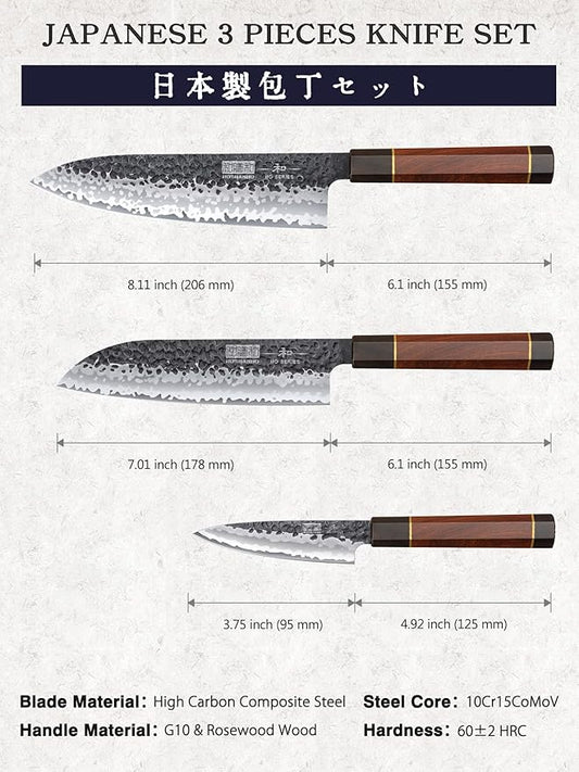 HOSHANHO 3 Pieces Knife Set, Professional High Carbon Steel Kitchen Knives Set, Ultra Sharp Japanese Chef Knife Set with Ergonomic Handle & Gift Box