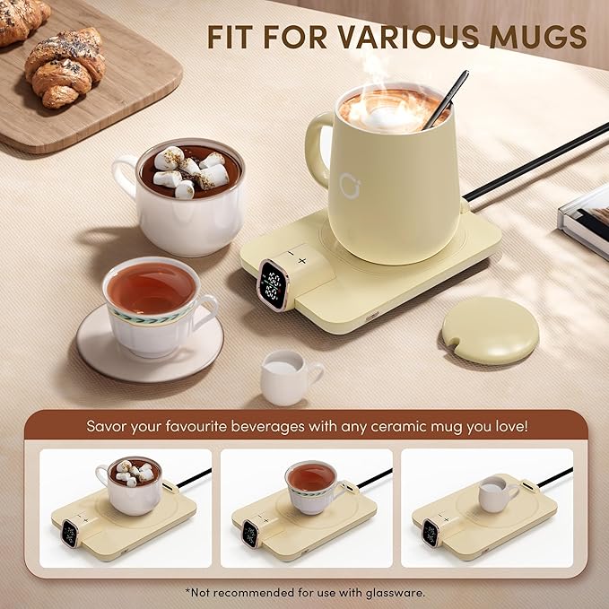 Coffee Mug Warmer Set, Temperature Control Smart Heated Mug for Desk, Electric Coffee Warmer with Auto Shut Off & Real-Time Temp Display, Gifts for Men Women, 15oz, Beige