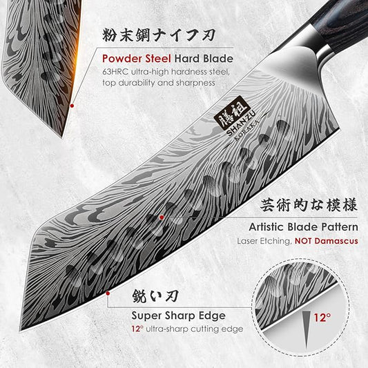SHAN ZU 7 inch Chef Knife in Powder Steel, Ultra Sharp Japanese Santoku Knife, High Carbon Professional Kitchen Knives with Ergonomic Pakkawood Handle, Utility Knives for Meat and Vegetable