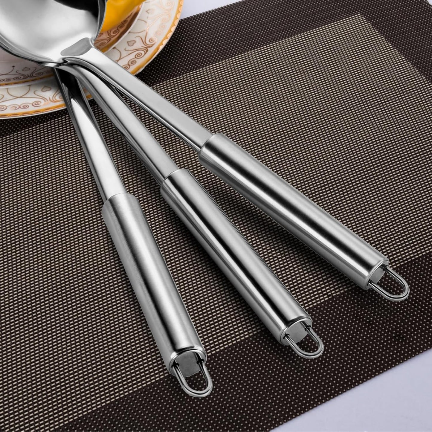 Pleafind Serving Utensils Set for Parties,3-Piece Silver Stainless Steel utensils set,Includes 1 Serving Spoon, 1 Slotted Spoon and 1 Soup Ladle,Serving Spoons for Buffet