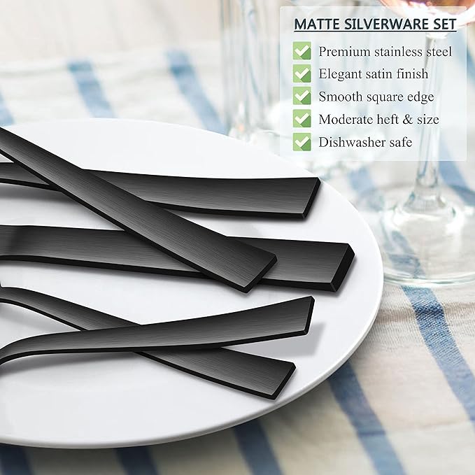 Herogo 46-Piece Matte Black Silverware Set with Serving Utensils, Stainless Steel Square Flatware, Modern Tableware Cutlery Set with Serving Pieces for Catering Banquet, Dishwasher Safe, Satin Finish
