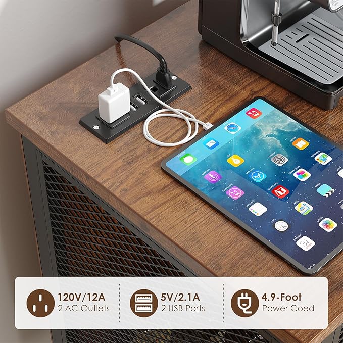 Upgraded Wine Bar Cabinet with Back Panel, Liquor Cabinet with LED Lights & Power Outlets, Adjustable Shelves, Glass Holders & Storage, Coffee Station for Kitchen/Home, Rustic Brown