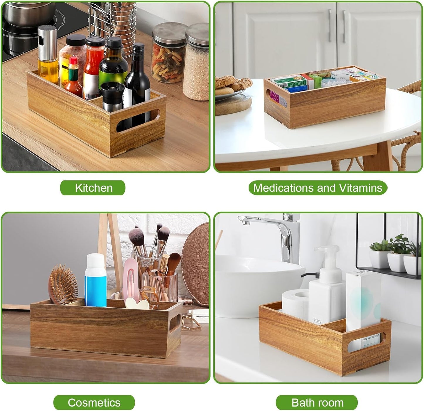 DRASTAR Pantry Organization and Storage Bins, Seasoning Packet Organizer with Removable Dividers,Wooden Storage Caddy for Kitchen, Pantry, Cabinet, Countertop, Acacia