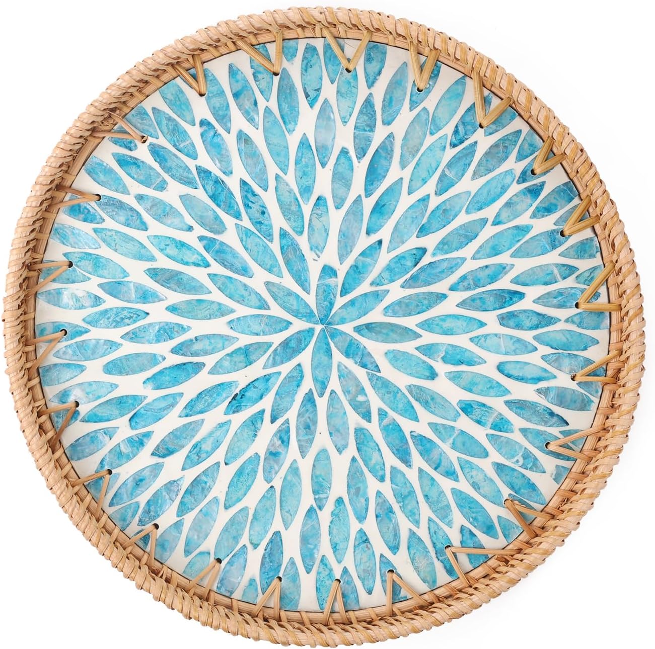 Round Rattan Tray with Mother of Pearl Inlay, Rattan Serving Tray for Coffee, Bread, Fruits, Decorative Wicker Tray for Table Decor, Home Decor, Kitchen Island Decor (Turquoise Leaf, 11.8")