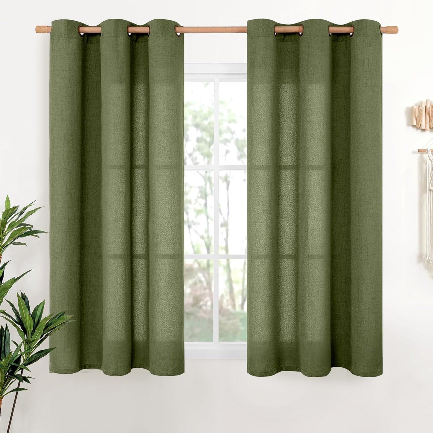 YoungsTex Olive Linen Curtains 54 Inch Length 2 Panels for Short Window, Dark Green Semi Sheer Drapes Light Filtering with Bronze Grommet for Living Room Bedroom, 42 X 54 Inch