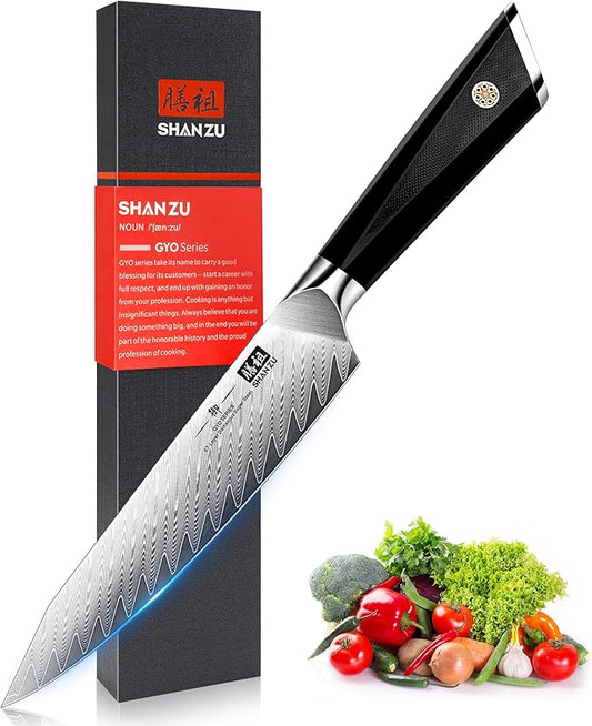 SHAN ZU Damascus Chef Knife 6 inch,67-Layer Japanese Steel 10Cr15CoMoV Kitchen Knife, High Carbon Super Sharp Japanese Chef Knife, All Purpose Professional Kitchen Utility Petty Knives with G10 Handle