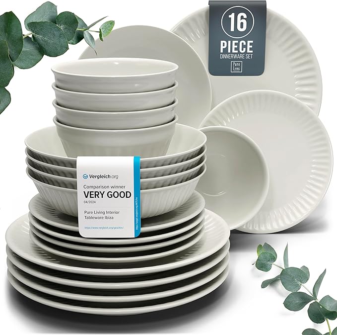 Stoneware Dinnerware Set for 4 People HYGGE 16-Piece - Elegant Scandi Design - Premium Dish Set - Bowl and Plate Set - Tableware for 4 People in a Ribbed Design - Pure Living in Beige