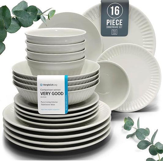 Stoneware Dinnerware Set for 4 People HYGGE 16-Piece - Elegant Scandi Design - Premium Dish Set - Bowl and Plate Set - Tableware for 4 People in a Ribbed Design - Pure Living in Beige