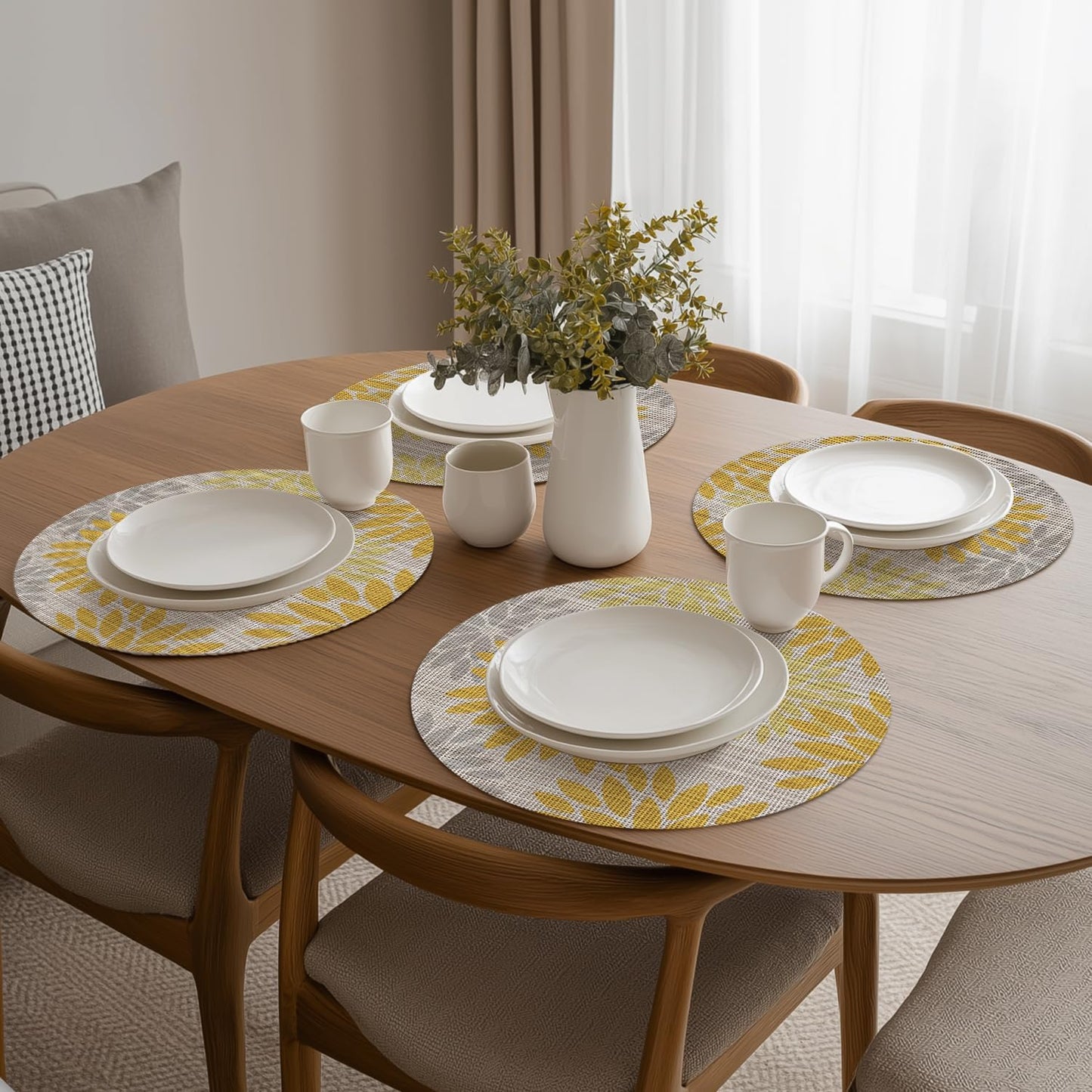 Artoid Mode Yellow Dahlia Plastic Round Placemats Set of 4, 14 Inch Seasonal Wipeable Woven Vinyl Table Mats for Farmhouse Party Kitchen Dining Decor