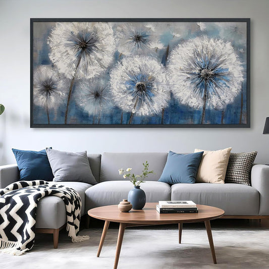 Dandelion Wall Art Blue Large Picture for Living Room Canvas Art Wall Decor Above Bed White Flower Artwork for Walls Paintings Modern Art Aall Decor Framed Wall Art for Bedroom 29×58IN