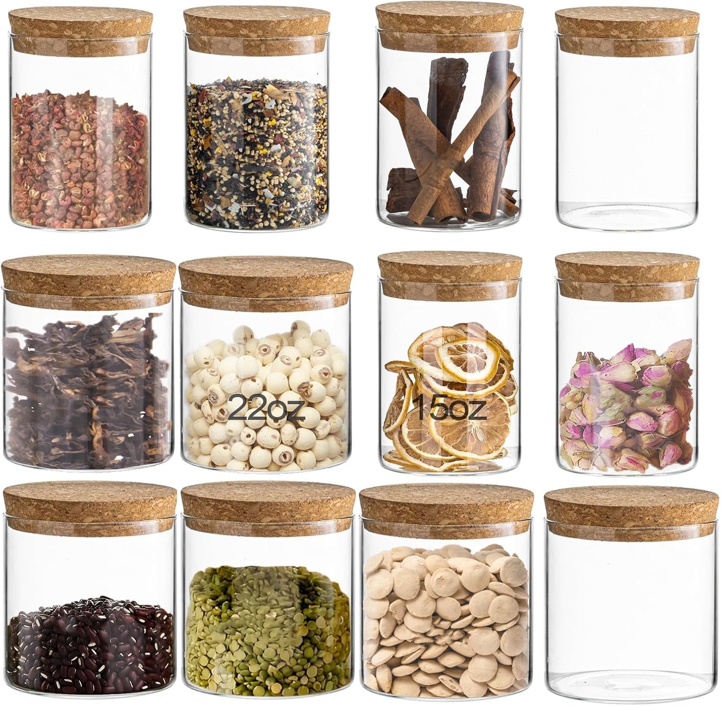 Airtight Glass Jars with Cork Lids - 2 Sizes Glass Storage Containers, Food Storage Jars for Coffee, Tea, Spices, Flour, Snacks, Cereal, Dry Goods - Clear Canisters for Countertop or Cabinet(12)