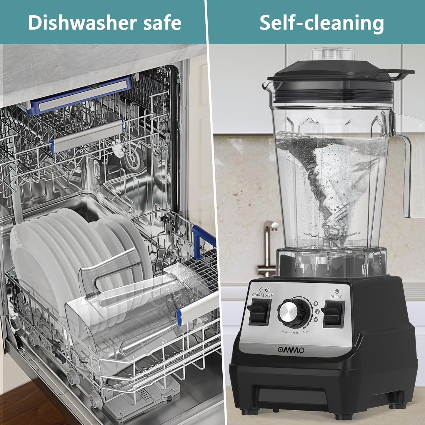 OMMO Blender 1800W, Professional High Speed Countertop Blender with Stainless Steel Blades, 60oz BPA Free Jar for Shakes and Smoothies, Ice and Fruits, Dishwasher Safe