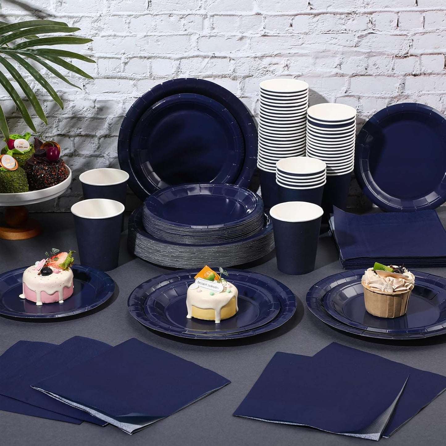 Tioncy 200 Pcs Disposable Paper Plates Cups and Napkins Party Supplies Serve 50 Guests Disposable Paper Dinnerware Set for Halloween Birthday Wedding Baby Shower Family Picnic(Navy Blue)