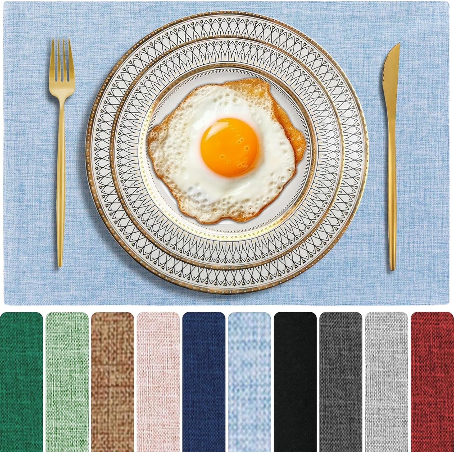 Cloth Placemats Set of 6, Cotton Linen Blend Machine Washable Double Layered Durable Place Mats Heat Resistant Placemats Wrinkle Free Thick Fabric Dining Table Mats (Light Blue, 6)