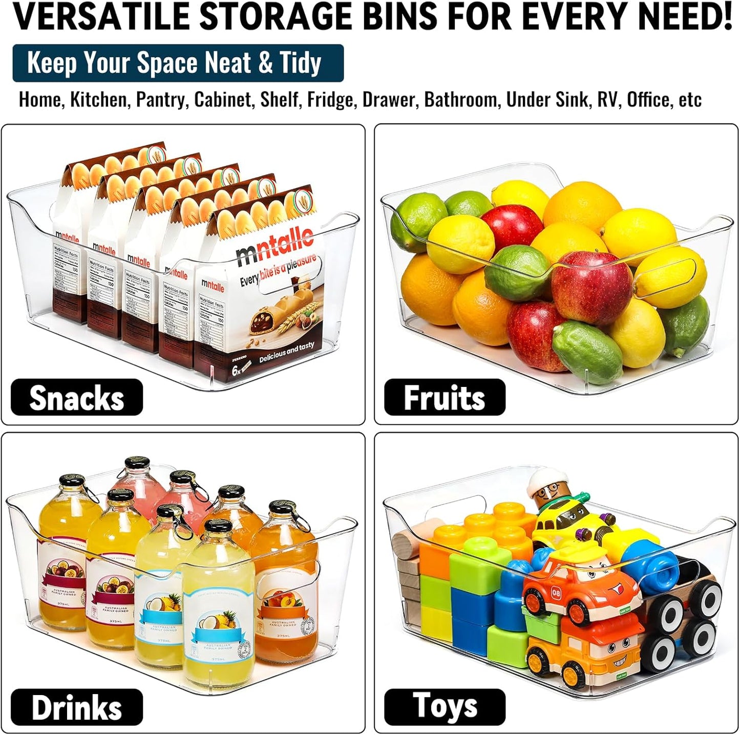 12 PACK Multi-Use Clear Plastic Storage Bins for Organizing w/ Labels - Home, Kitchen, Pantry, Bathroom, Office, Cabinet Shelf Organizer Bins - SOHO Collection, RV, Fridge Organization Containers -XL